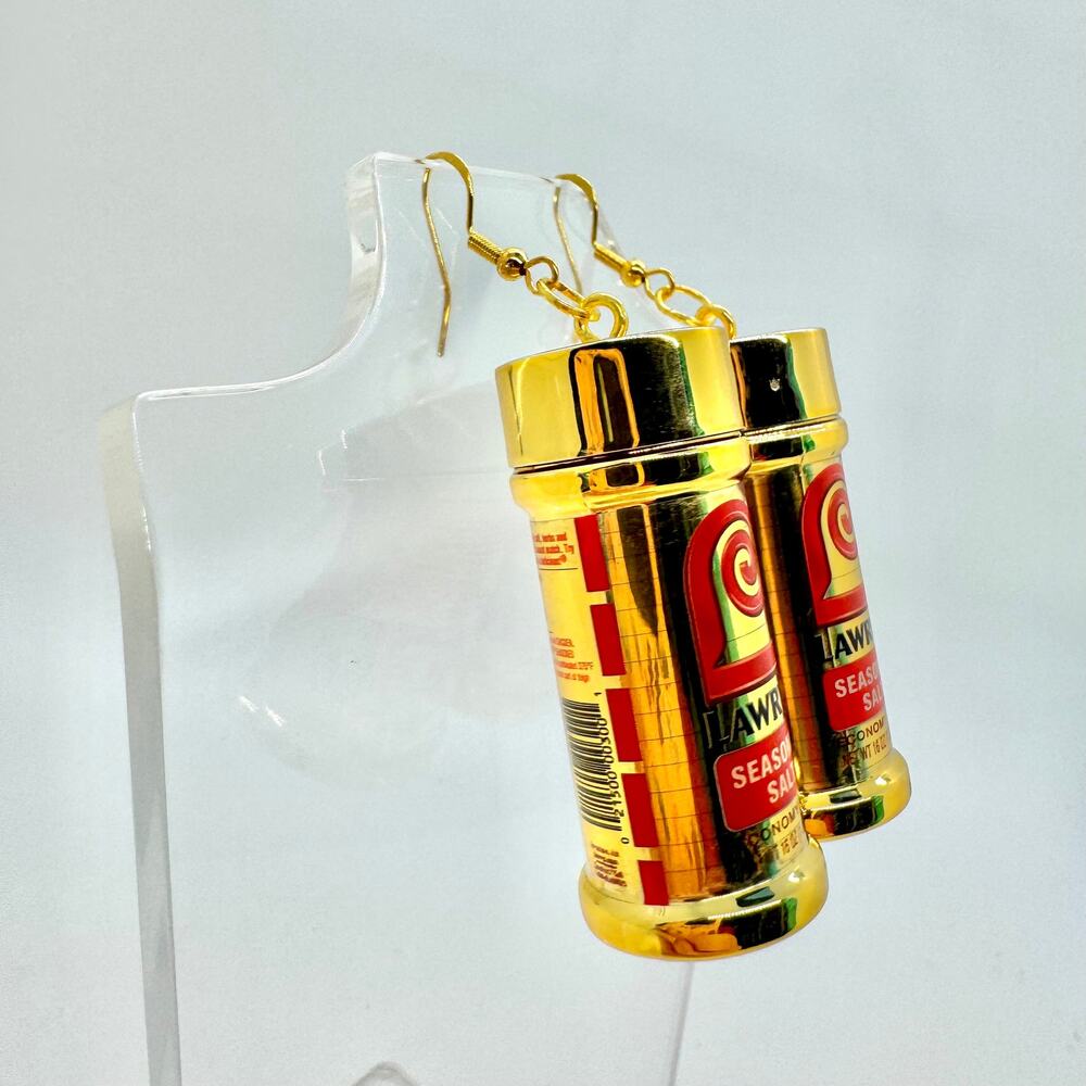 Gold Lawry’s Seasoning Earrings - Metallic Spice Dangles - Bold Foodcore Flair - Picture 2 of 8